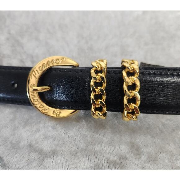 Vintage Paloma Picasso Womens Black Leather Belt with Gold-Tone Buckle-Size XS main image 7